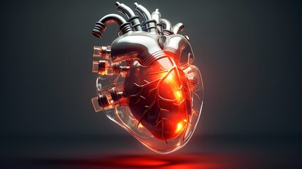 Innovative image of a human synthetic implant heart constructed from a mix of medical equipment, tools, and anatomy technology. Generative Ai.