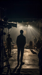 Behind the Scenes, movie production stage, cameras, equipment, studio lights, cameraman, director, actors silhouette, smoke. AI generated art - obrazy, fototapety, plakaty