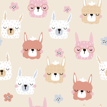 Cute seamless pattern with llamas and flowers. Childish print. Vector hand drawn illustration.