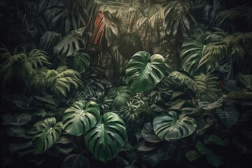 A composition of multiple monstera plants or leaves with a sense of organic and natural decor. Concept lushness and greenery. Generative AI