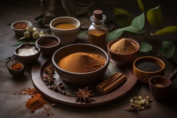 Obraz na płótnie Canvas Ingredients used to make ayurvedic henna cream, such as henna powder, essential oils, and herbs, natural and organic ingredients. Generative AI