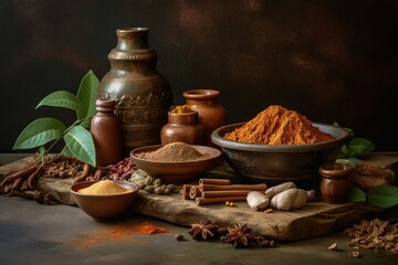 Fototapeta na wymiar Ingredients used to make ayurvedic henna cream, such as henna powder, essential oils, and herbs, natural and organic ingredients. Generative AI