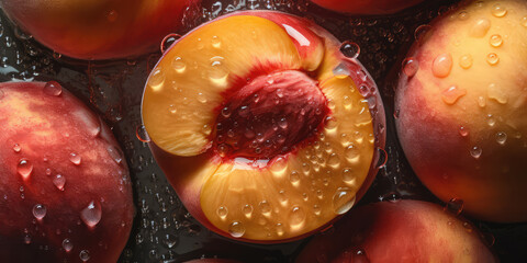 Fototapeta na wymiar Summer is here: Fresh fruit with splashes and water drops. A healthy lifestyle with sliced peach - AI generative