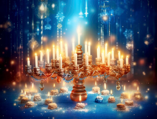 Hanukkah celebration scene for hanukkah jewish holiday festival with background and traditional symbol.