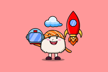 Cute mascot cartoon character Sushi as astronaut with rocket, helm, and cloud in cute style 