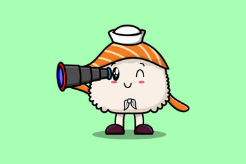 Cute cartoon Sushi sailor with hat and using binocular cute modern style design