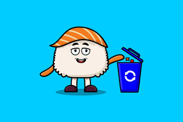 Cute cartoon Sushi throwing trash in the trash in flat modern style design illustration