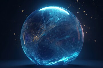 Blue magic sphere abstract inside the crystal ball with dark background. Generative AI.