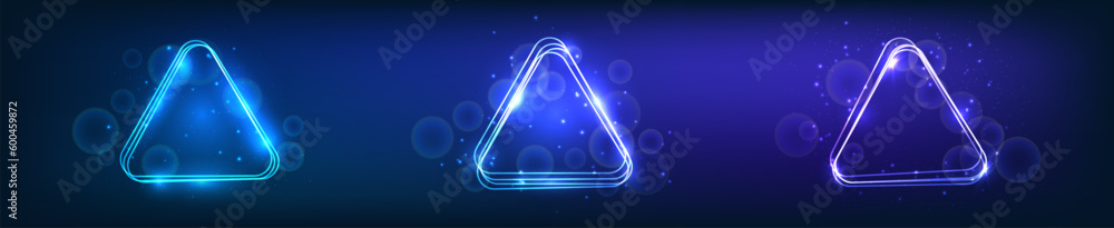 Poster neon rounded triangle frame with shining effects and sparkles