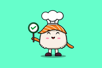 Cute cartoon Sushi chef character holding correct sign board in vector character illustration