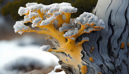 Obraz premium Trumpet lichen growing on tree trunk in Winter