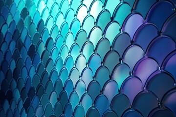 Fototapeta premium Smooth and iridescent wall with fish scale tiles and futuristic. Cyan and Magenta fish scale tiles. Generative AI.