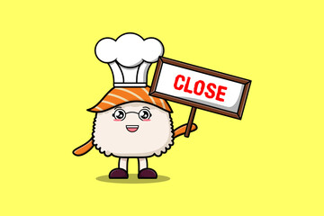 Fototapeta premium Cute cartoon Sushi chef character holding close sign board designs in flat cartoon style