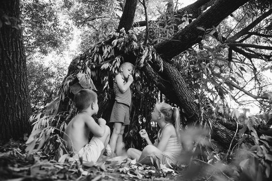 Three village children are playing in a hut which they themselves have built from leaves and twigs. Wooden house in the forest. Black and white photography