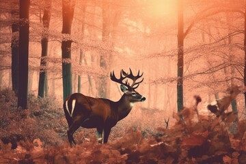 Vintage deer art with sunset background. Generative AI.