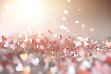 Romantic creative valentine's day background with 100 flying sparkling hearts on a calm light background. Generative AI.