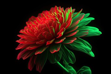 Close close up of a 3d render of a flower in dark room with neon green and neon red. Generative AI.