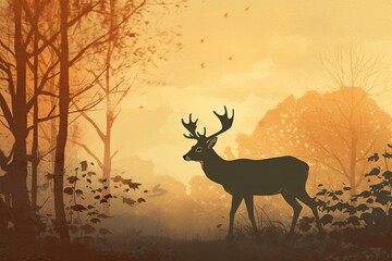 Vintage deer art with sunset background. Generative AI.