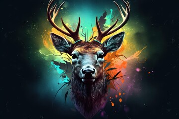 Neon color light deer in the forest. Generative AI.