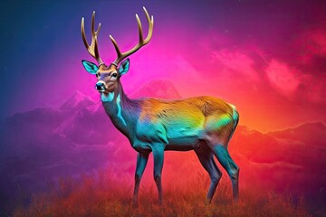 Neon color light deer in the forest. Generative AI.