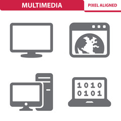Multimedia Icons. Technology, Devices, Computer, TV, Website, PC, Laptop Vector Icon
