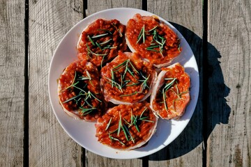 Marinated lamb meat. Lamb neck carbonate in marinade.