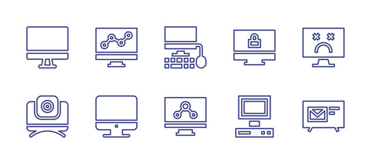 Computer line icon set. Editable stroke. Vector illustration. Containing computer, locked computer, web camera, old computer, email.