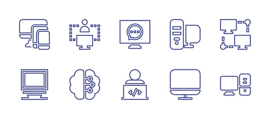 Computer line icon set. Editable stroke. Vector illustration. Containing device, connection, chat, computer, lan, monitor, brain, software engineer, pc.