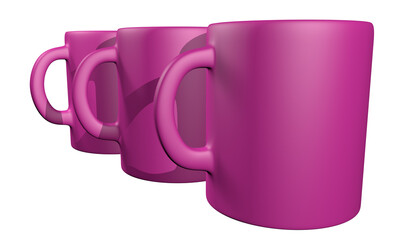 three purple mugs in a row with perspective