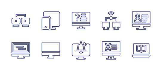 Computer line icon set. Editable stroke. Vector illustration. Containing connection, responsive, online question, computer, skills, pc, personal computer, research, online learning.