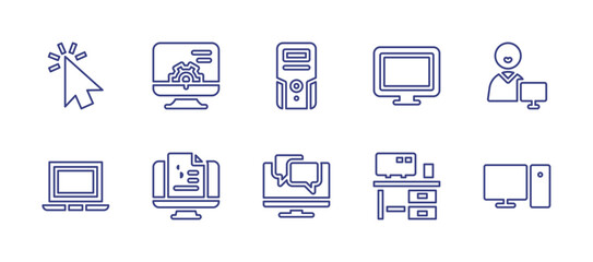 Computer line icon set. Editable stroke. Vector illustration. Containing cursor, settings, case, tv screen, reading, computer, billing, conversation, computer desktop.