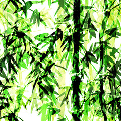 Bamboo seamless pattern. Chinese watercolor art for textile, fabric, wallpaper, print. Beautiful green ornament. Traditional oriental painting, decorative tropical texture. Zen art bright illustration - 600460804