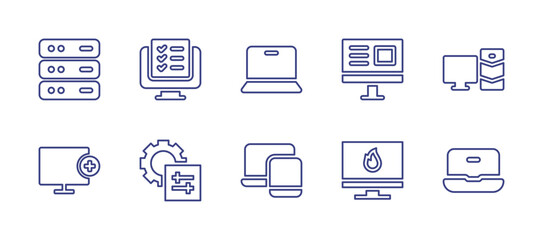 Computer line icon set. Editable stroke. Vector illustration. Containing database, computer, laptop, add, server, responsive, laptop computer.