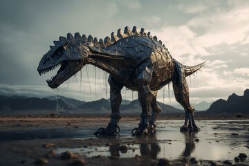 A technological dinosaur stands in a wet desert from the back. Generative AI