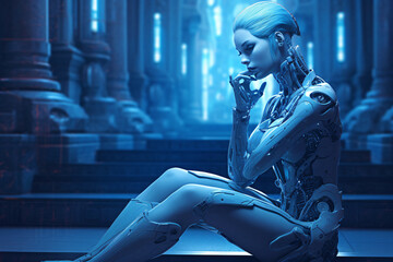 a sad female robot sitting in pensive pose, cybernetic technology, fictional person created with generative ai