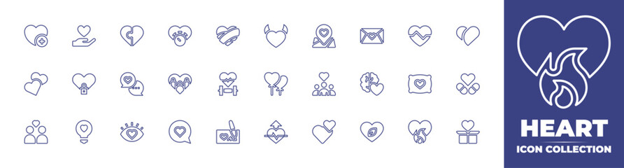 Heart line icon collection. Editable stroke. Vector illustration. Containing heart, hand heart, puzzle, heart rate, maps, invitation, hearts, closed, comments, community, balloon, mental, and more.