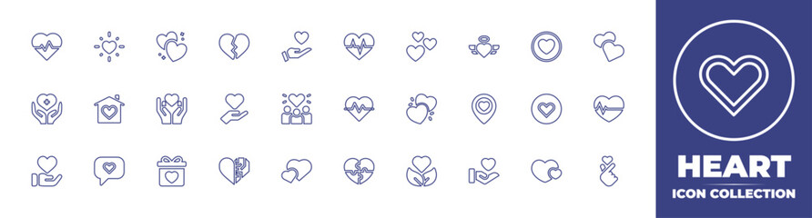 Heart line icon collection. Editable stroke. Vector illustration. Containing cardiogram, shine, heart, healthcare, heart beat, house, donate, love, like, location, gift, artificial heart, and more.