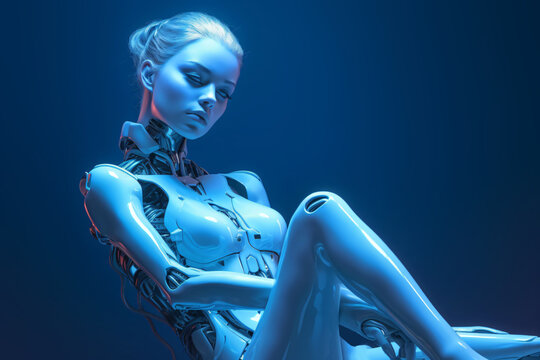 a sad female robot sitting in pensive pose, cybernetic technology, fictional person created with generative ai