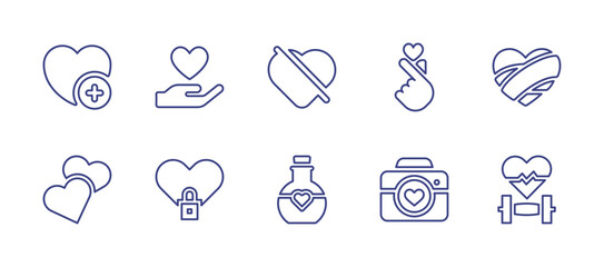 Heart line icon set. Editable stroke. Vector illustration. Containing heart, hand heart, no love, kpop, hearts, closed, love potion, photo camera, heart rate.