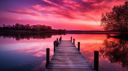 Fototapeta na wymiar A beautiful pink sunset on a lake