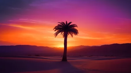 Fototapeten Beautiful single palm tree with pink sunset behind in the desert, Generative AI © 016Graphics