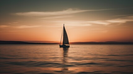 Fototapeta na wymiar Single sailboat at sunset, minimal concept, Generative AI