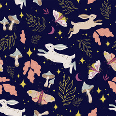 Magical forest vector seamless pattern with rabbits, butterflies night moths, mushrooms, twigs, leaves, stars, crescents and fairy dust on dark background
