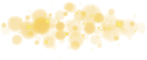 Golden shining bokeh lights with glowing particles on transparent background. PNG.