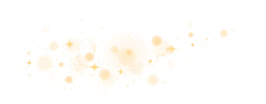 Golden shining bokeh lights with glowing particles on transparent background. PNG.