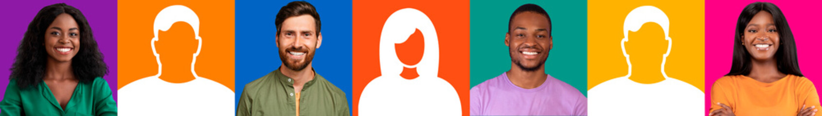 Obraz premium Cheerful millennial black and white people with abstract silhouette, enjoy social networks