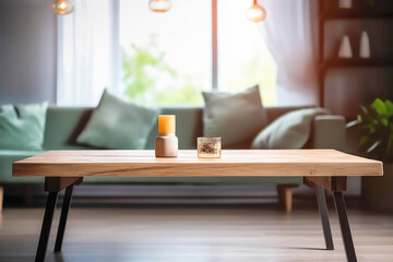 Empty wooden table for product display montage against blurred cozy modern living room background. Generative AI.