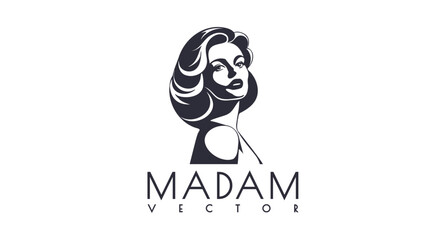 Vector graphic simple monochrome portrait of a pleasant beautiful chic madam. Logo, sticker or icon. White isolated background.