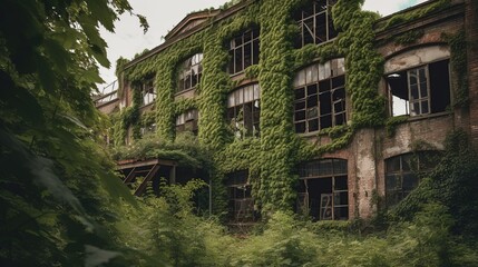 An abandoned overgrown old factory, Generative AI