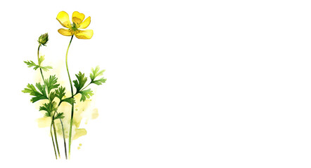 Buttercup flower on white background, summer and spring yellow blossom blooming. Generative AI.